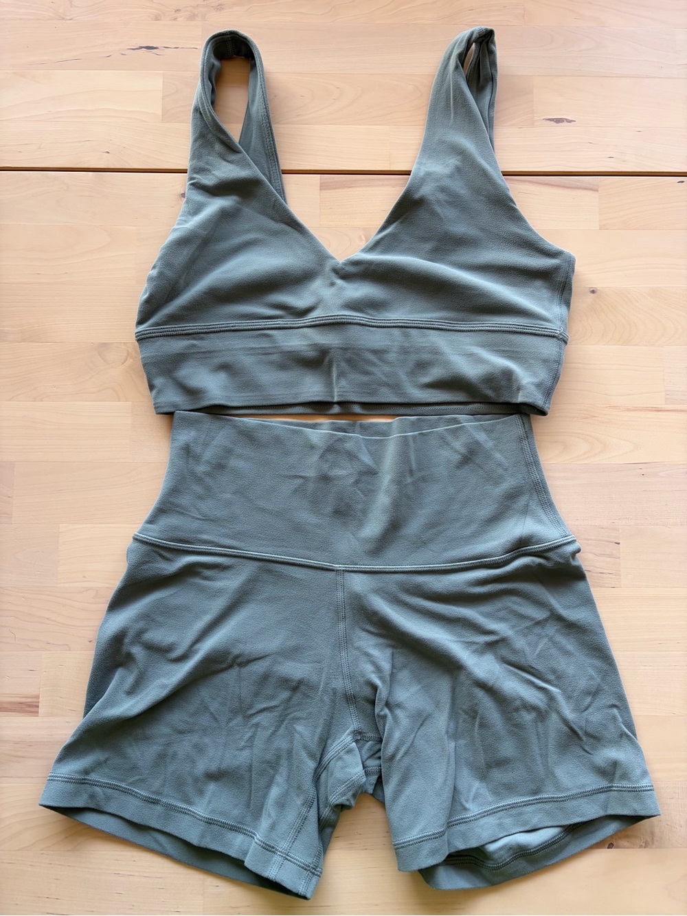 Aritzia Olive Green Seamless V-Neck Bralette & High-Waist Bike Shorts